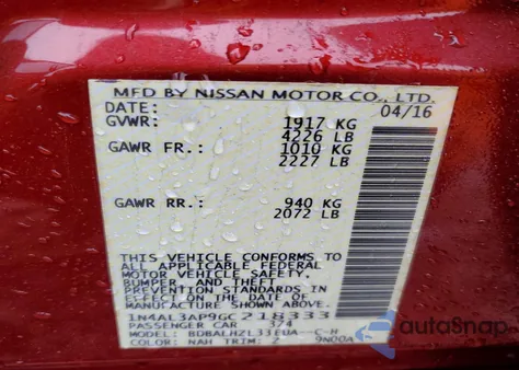 2016 Nissan Altima 2.5 z USA, uszkodzony, nr VIN 1N4AL3AP9GC218333